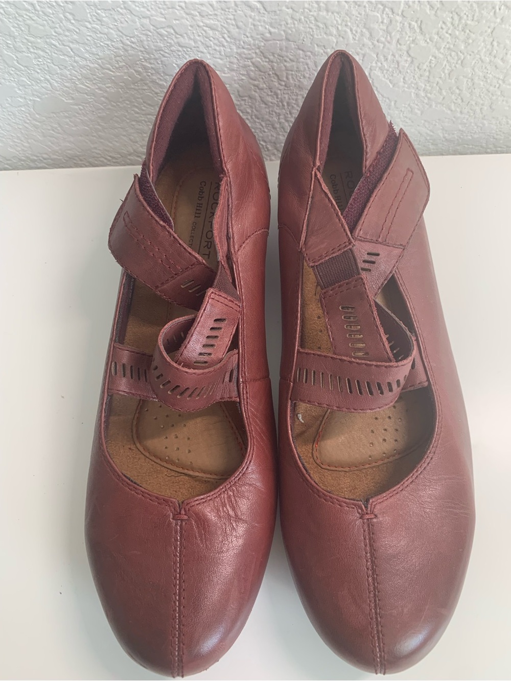 Rockport Burgundy Leather Mary Jane Flats with Hook-and-Loop Strap